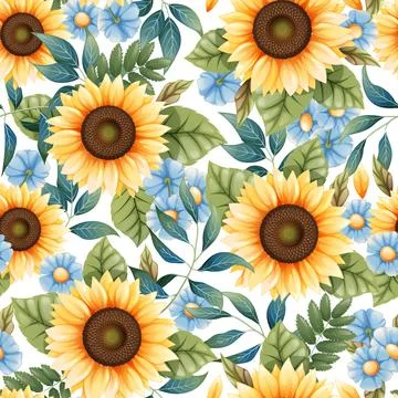 Seamless pattern with yellow sunflowers, blue daisies and colorful leaves. Au Stock Illustration