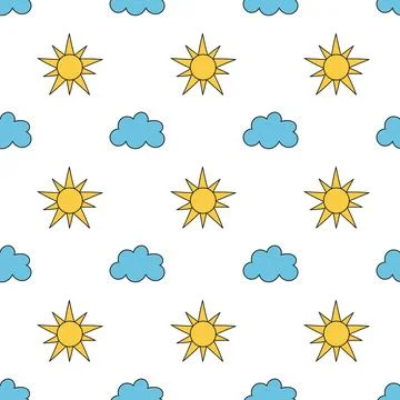 Seamless pattern with yellow suns and clouds. Simple Sunny cloudscape background Stockillustratie