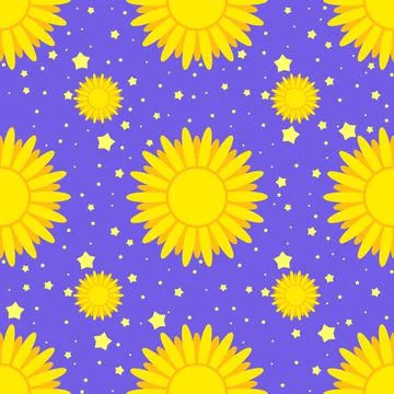 Seamless pattern of yellow suns on a background of stars and a blue sky Stock Illustration