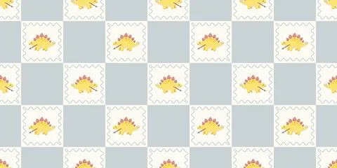 Seamless pattern of yellow suns with orange rays on blue and white checkerboard Stock Illustration