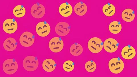 Seamless pattern of yellow sweating emoji faces with relief expression on v.. Stock Illustration