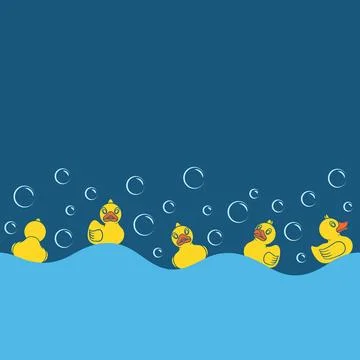 Seamless pattern with yellow toy ducks and bubbles. Stock Illustration