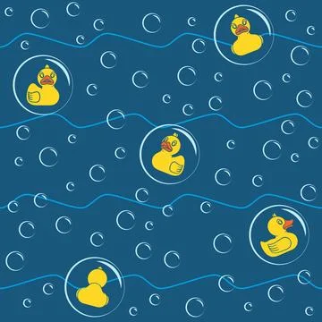 Seamless pattern with yellow toy ducks and bubbles Stock Illustration