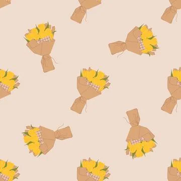 Seamless pattern with yellow tulip bouquets wrapped in kraft paper on soft .. Stock Illustration