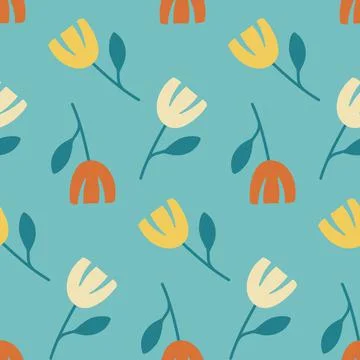 Seamless pattern yellow tulip flower flat simple hand drawn on blue 스톡 일러스트
