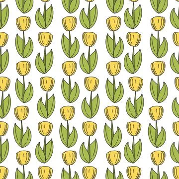 Seamless pattern with yellow tulips. Yellow flowers spring, easter seamless b Stock Illustration