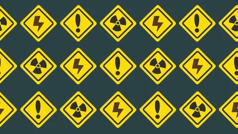 Seamless pattern of yellow warning signs with radiation hazard and high voltage Stock Footage 335883530
