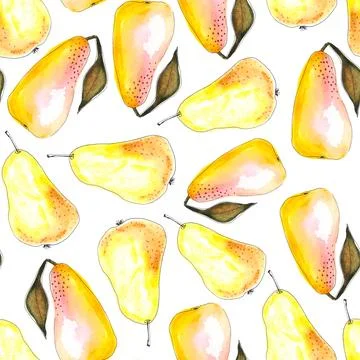Seamless pattern of yellow watercolor pears, hand painted on white background Stock Illustration