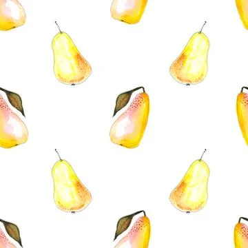 Seamless pattern of yellow watercolor pears, hand painted on white background Stock Illustration