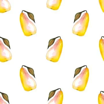 Seamless pattern of yellow watercolor pears, hand painted on white background Stock Illustration