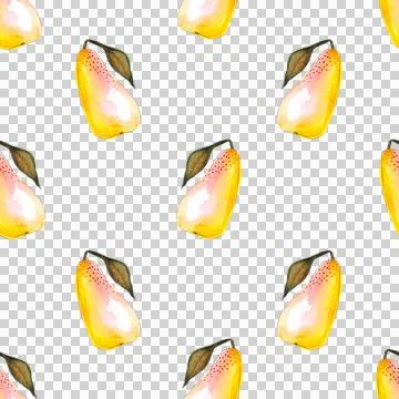 Seamless pattern of yellow watercolor pears, hand painted on white background Stock Illustration