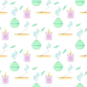 Seamless pattern of yoga, aromatherapy, meditation, incense and singing bow.. Stock Illustration