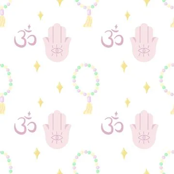 Seamless pattern of yoga, hamsa and Om symbol. For your fabric or design. Stock Illustration