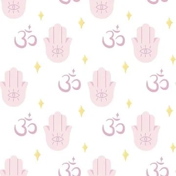 Seamless pattern of yoga, hamsa and Om symbol. For your fabric or design. Illustrazione stock