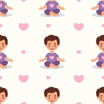 Seamless pattern yoga kid. Cute happy boy meditating sitting in lotus pose on Stock Illustration