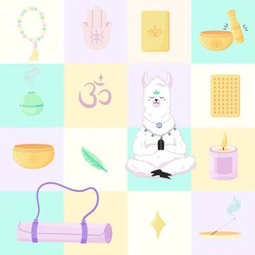Seamless pattern of yoga lamas, meditations and singing bowls. For your fab.. Stock Illustration