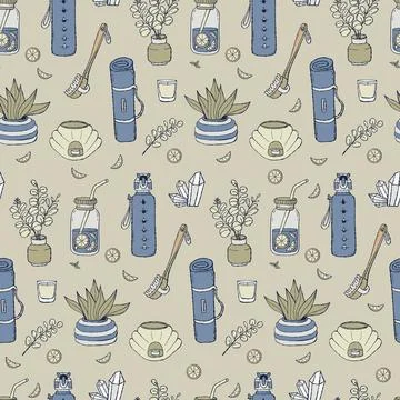 Seamless Pattern with Yoga Mat, Water Bottle, Mason Jar, Crystal, Aroma lam.. Stock Illustration
