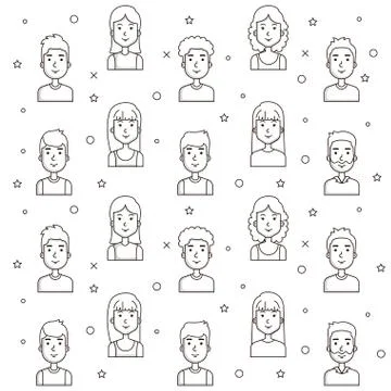 Seamless pattern of young people faces outline Stock Illustration