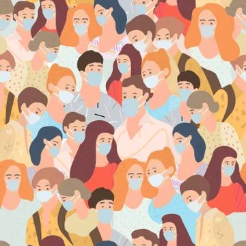 Seamless pattern with young people go in masks during the epidemic Stockillustratie