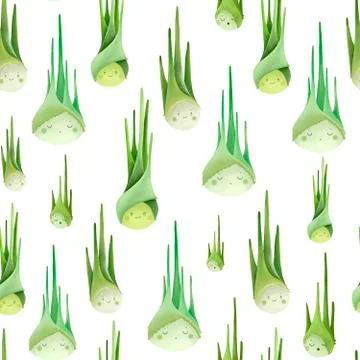 Seamless pattern with young spring onions with cute faces. Stock Illustration