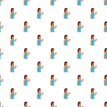 Seamless pattern of young woman using smartphone 스톡 일러스트