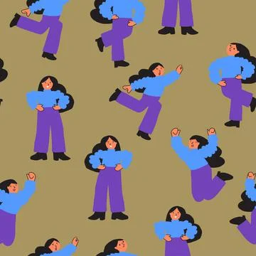 Seamless pattern with young women of different races, vector flat cartoon Illustrazione stock
