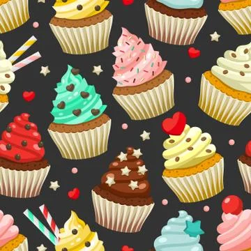 Seamless pattern of yummy colored cupcakes Stock Illustration