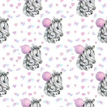 Seamless pattern Zebra baby and mother cartoon animal illustrations, hearts,  Illustrazione stock