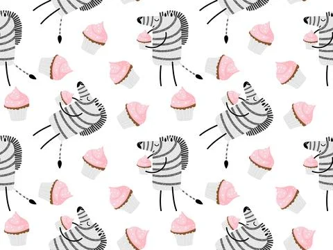Seamless pattern with Zebra carries cupcake. Funny character for birthday, St Stock Illustration