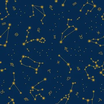 Seamless pattern with zodiac constellations and signs on a blue background Stock Illustration