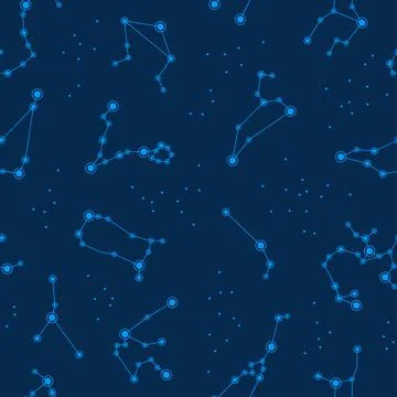 Seamless pattern with zodiac constellations on a dark blue background Stock Illustration