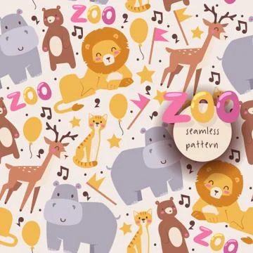Seamless pattern with zoo animals, vector illustration. Lion, hippo, deer, bear Stock Illustration