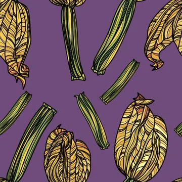 Seamless pattern with zucchini on violet background. Stock Illustration