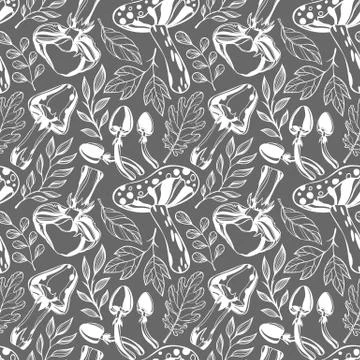 Seamless pattern.Black and white pattern with stylized mushrooms and leaves o Stock Illustration