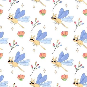 Seamless pattern,cute simple dragonfly,bug insect,cartoon,baby,on white bac.. イラスト素材