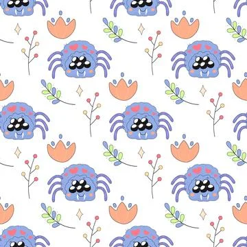 Seamless pattern,cute simple spider in flowers,bug insect,cartoon,kids,on w.. Illustrazione stock