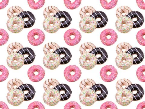 Seamless pattern.glazed doughnuts with bright colored sprinkles,isolated on a Stock Photos