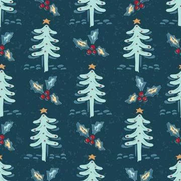 Seamless pattern.Hand drawn stylized Christmas tree. Fir holly leaf forest on Illustrazione stock