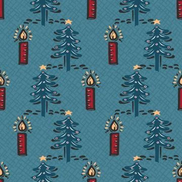 Seamless pattern.Hand drawn stylized Christmas tree. Fir holly leaf forest on Stock Illustration