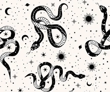 Seamless Patterns Alchemy esoteric mystical magic heavenly talisman with snak Stock Illustration
