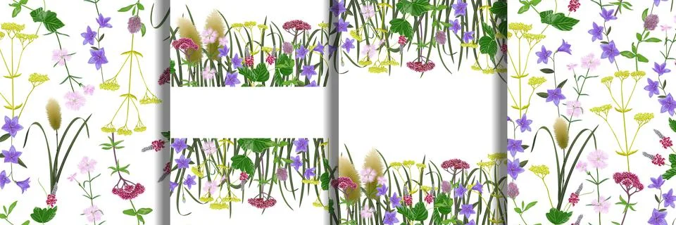 Seamless patterns and borders set with seven herbs Stock Illustration
