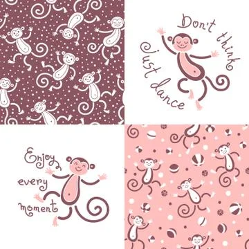 Seamless patterns and cards with monkeys in vector Stockillustratie