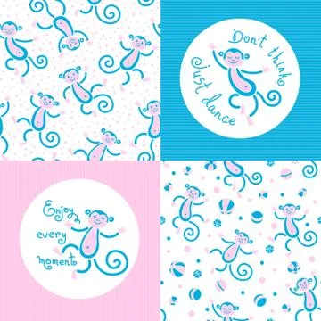 Seamless patterns and cards with monkeys in vector Stockillustratie