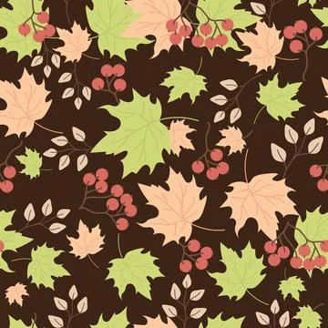 Seamless patterns. Autumn pattern of multicolored maple leaves, branches and red 스톡 일러스트