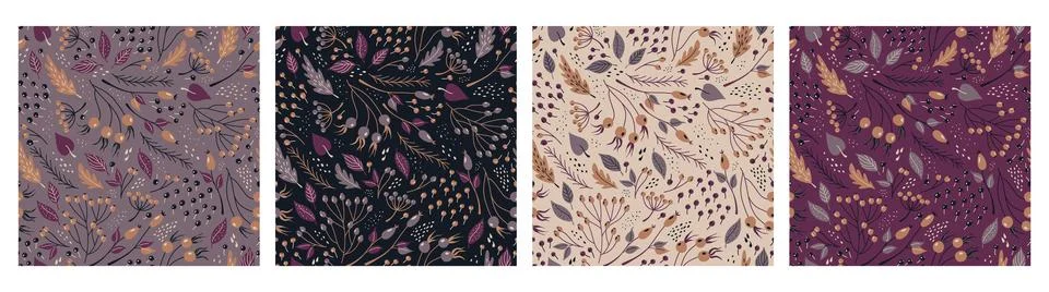 Seamless patterns with autumn plants. Set of retro backgrounds. Stock Illustration
