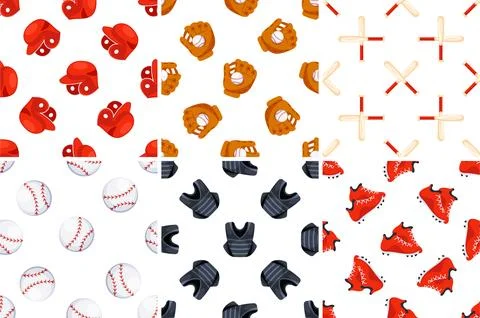 Seamless patterns with baseball equipment including balls, bats, gloves, helmets Stock Illustration