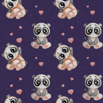 Seamless patterns with bears. Cute funny panda with different emotions on a p Stock Illustration