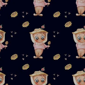Seamless patterns. Beekeeper man. Cute boy with honey in a protective hat of  Stock Illustration