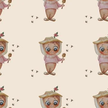 Seamless patterns. Beekeeper man. Cute boy with a honey stick in a beekeepers Stock Illustration