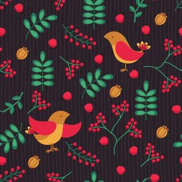 Seamless  patterns with bird, leaves and berries Stock Illustration
